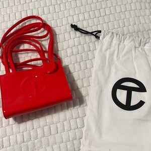 Small Red Patent Telfar Shopping bag, white dust bag included.